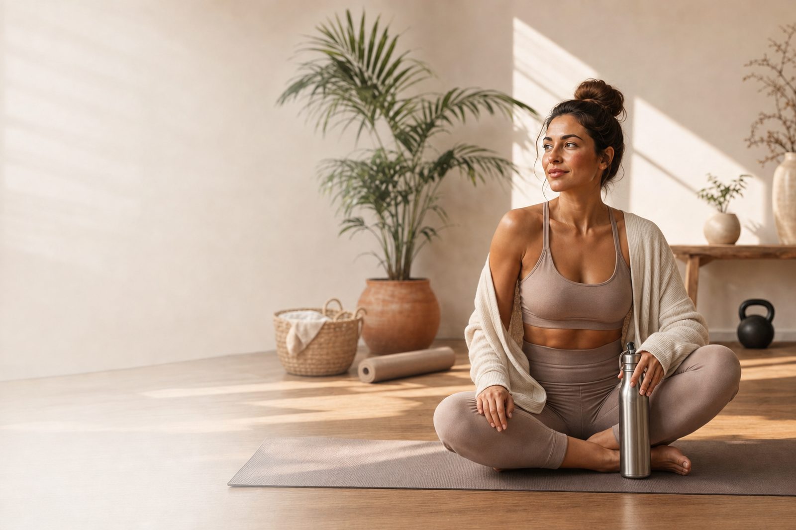 A fit healthy woman sits cross-legged on a yoga mat in a bright sunlit wellness studio, water bottle in hand, calm and vibrant.